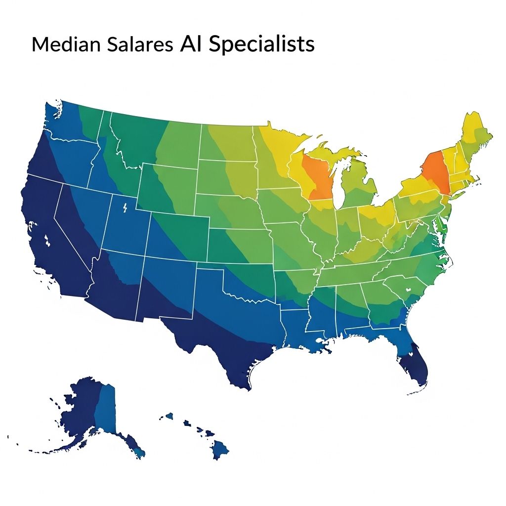 Инфографика с графиком роста заработных плат AI-специалистов в США за 2022-2025 годы с цветовой кодировкой по специализациям