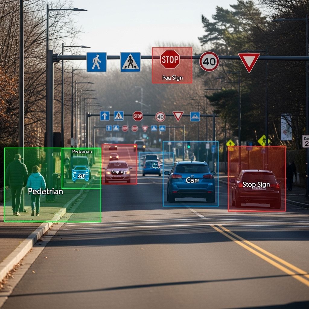 Компьютерная программа распознаёт объекты на уличной сцене с разметкой пешеходов, автомобилей и дорожных знаков