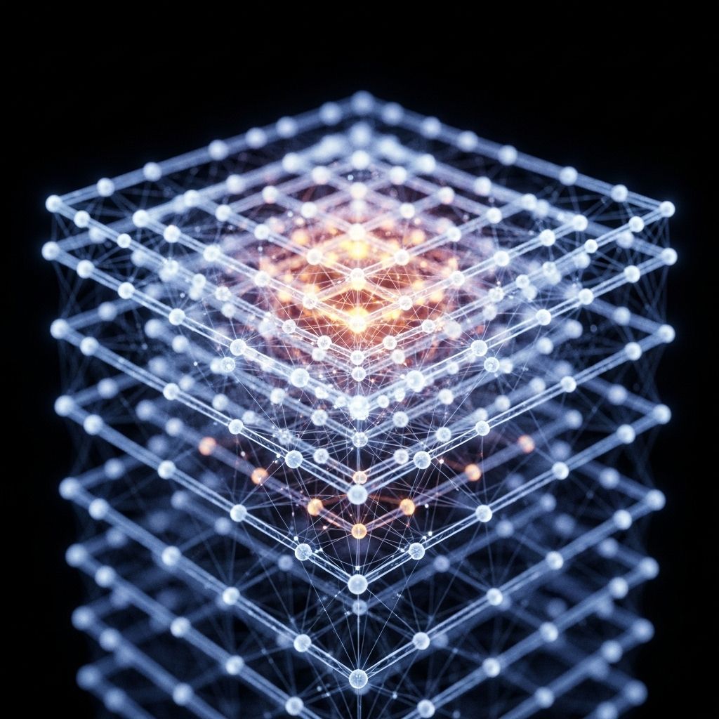 Трёхмерная визуализация глубокой нейронной сети с многочисленными слоями и светящимися связями между узлами на тёмном фоне