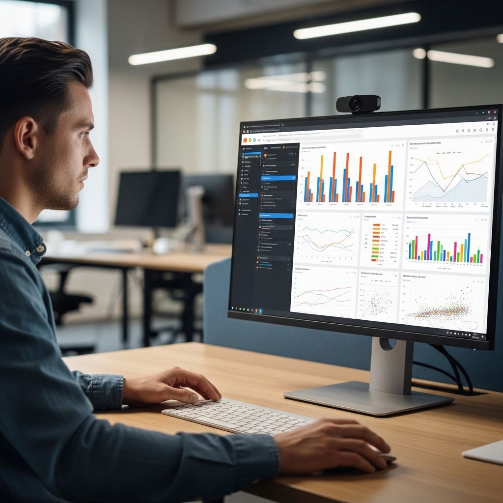 Аналитик данных работает с интерактивными дашбордами и диаграммами в Jupyter Notebook на большом экране