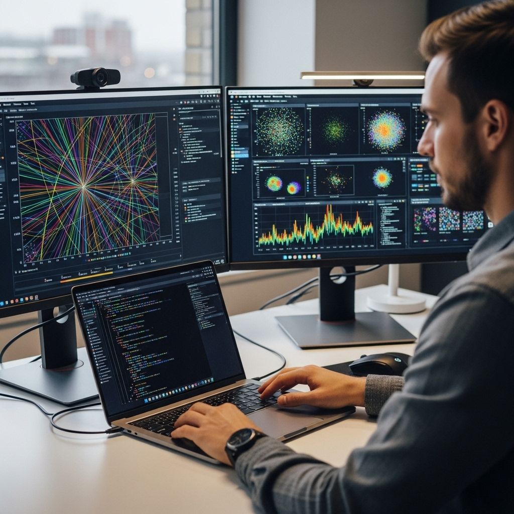 Программист за ноутбуком изучает графики обучения нейронной сети, на экране отображается код Python и визуализация данных