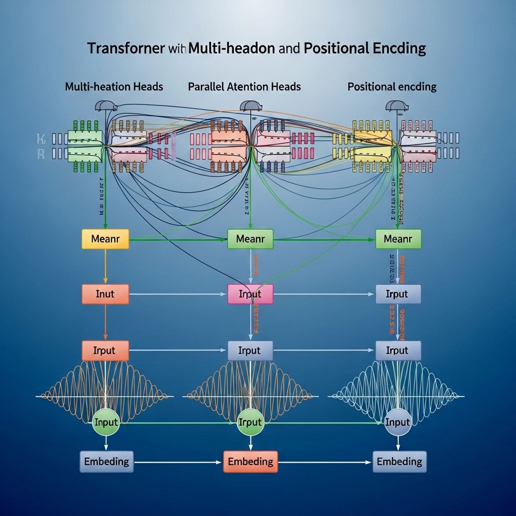 Схема обработки естественного языка с токенами, векторными представлениями слов и диаграммой архитектуры трансформера на синем фоне
