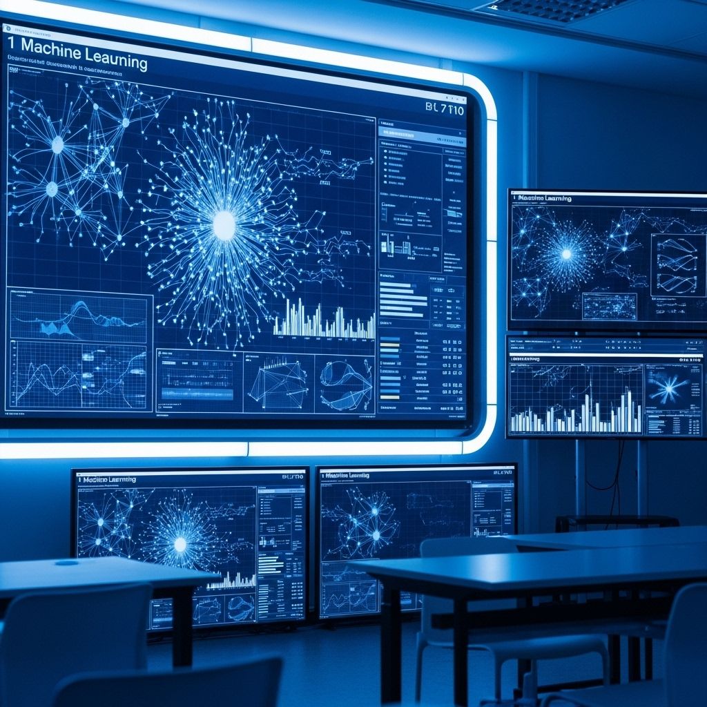 Современный учебный класс с несколькими экранами, на которых отображаются графики нейронных сетей и схемы машинного обучения, синяя подсветка и высокотехнологичная атмосфера