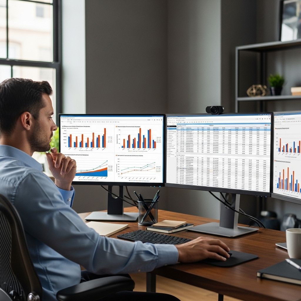 Аналитик за рабочим столом просматривает многочисленные мониторы с графиками сравнения образовательных платформ, рейтингами и аналитическими таблицами