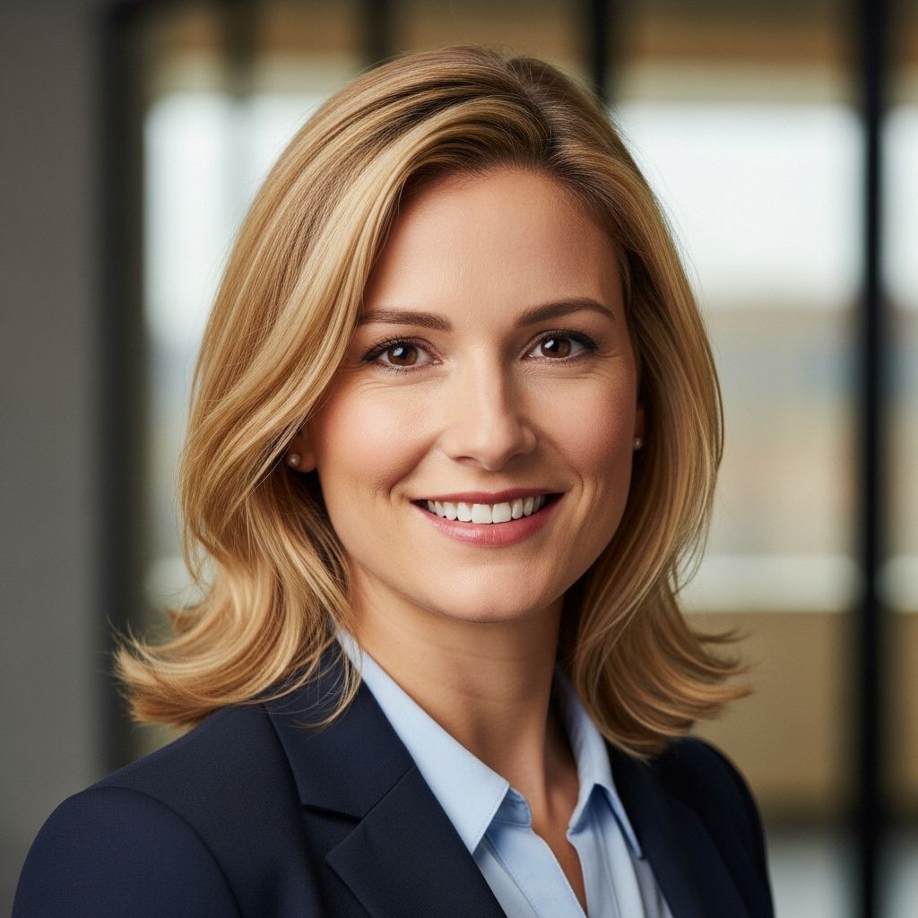 Профессиональный портрет женщины 30 лет со светлыми волосами в деловой одежде, доброжелательная улыбка, светлый офисный фон