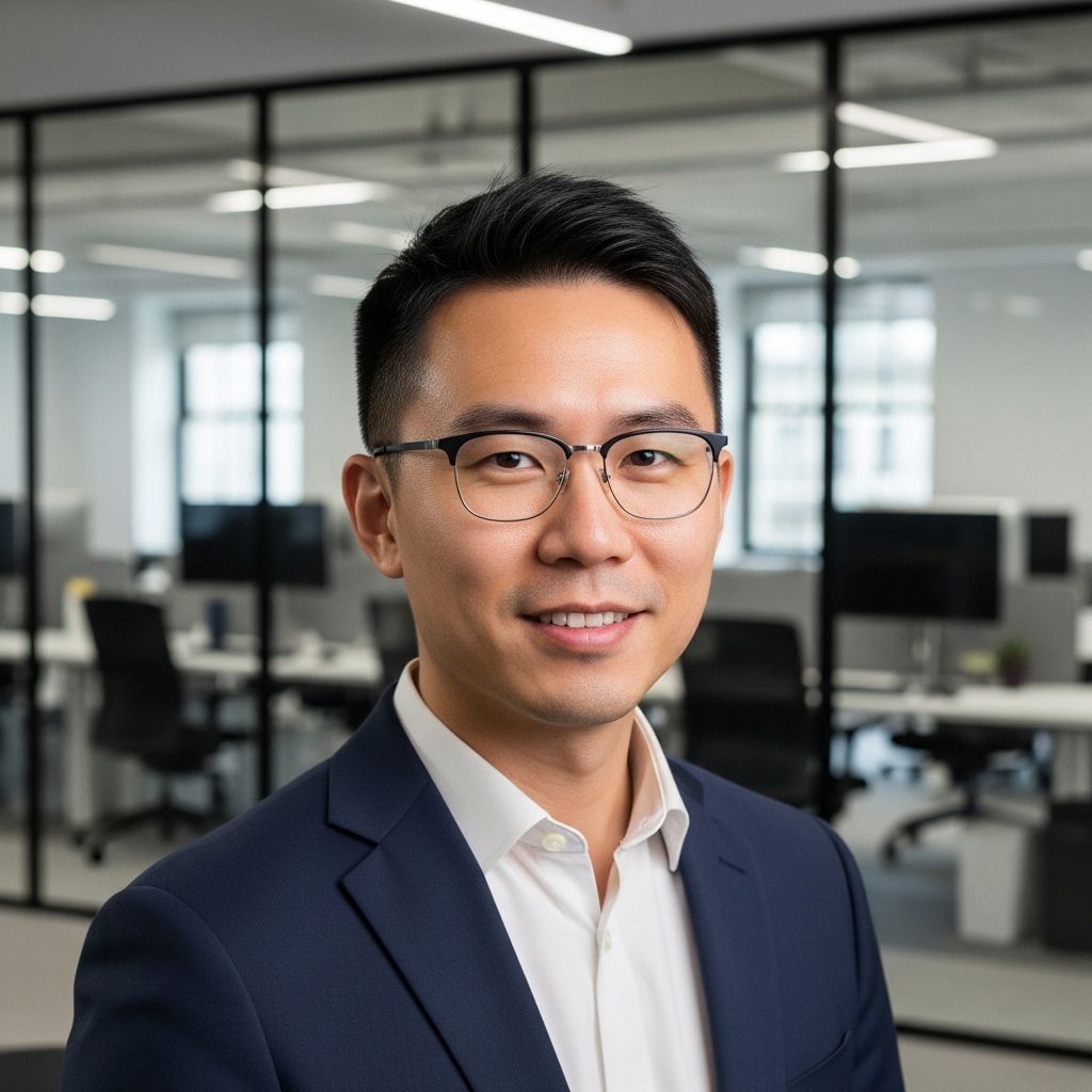 Профессиональный портрет мужчины 28 лет восточноазиатской внешности с очками в чёрной оправе, дружелюбное выражение, технологический офис на фоне