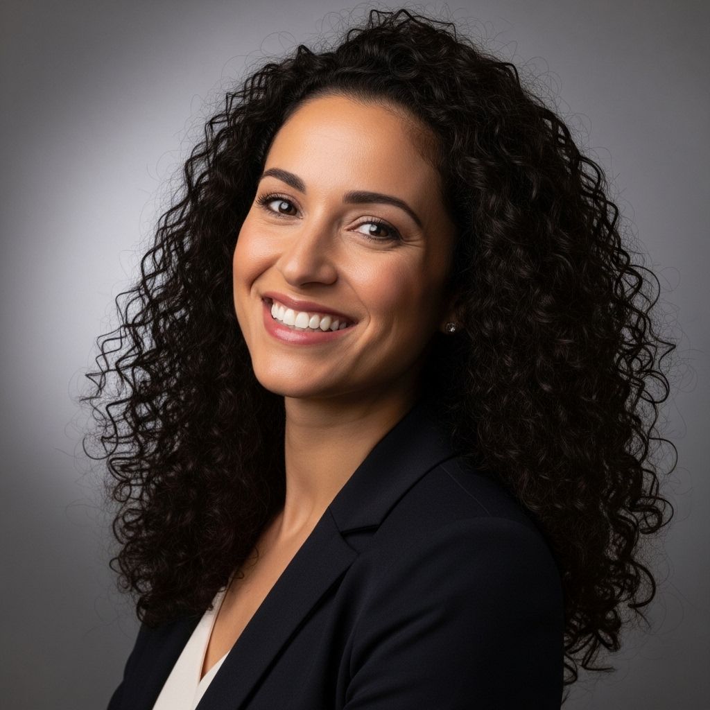 Профессиональный портрет женщины 32 лет с тёмными вьющимися волосами, энергичная улыбка, профессиональная фотография в деловом стиле