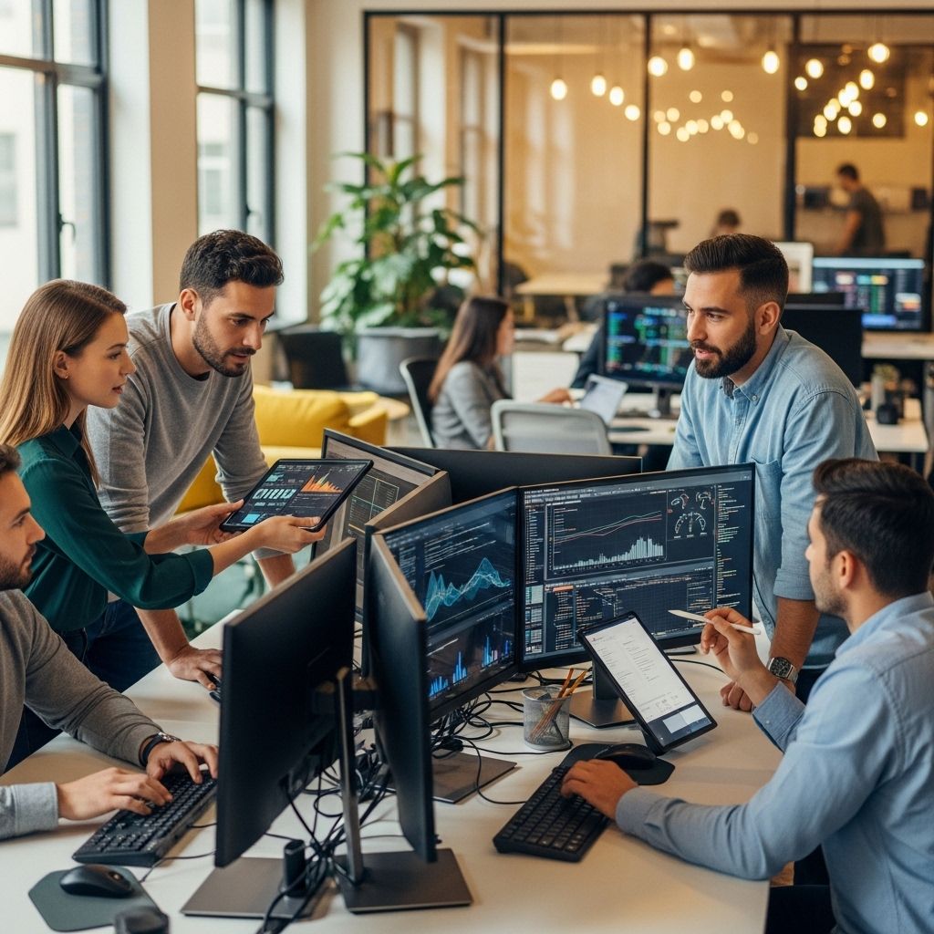 Команда из четырёх специалистов по искусственному интеллекту за рабочими столами с несколькими мониторами в современном светлом офисе, обсуждают данные и графики