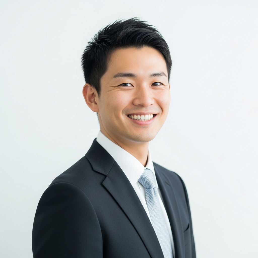 Молодой мужчина азиатской внешности, улыбается, профессиональная фотография для LinkedIn на белом фоне