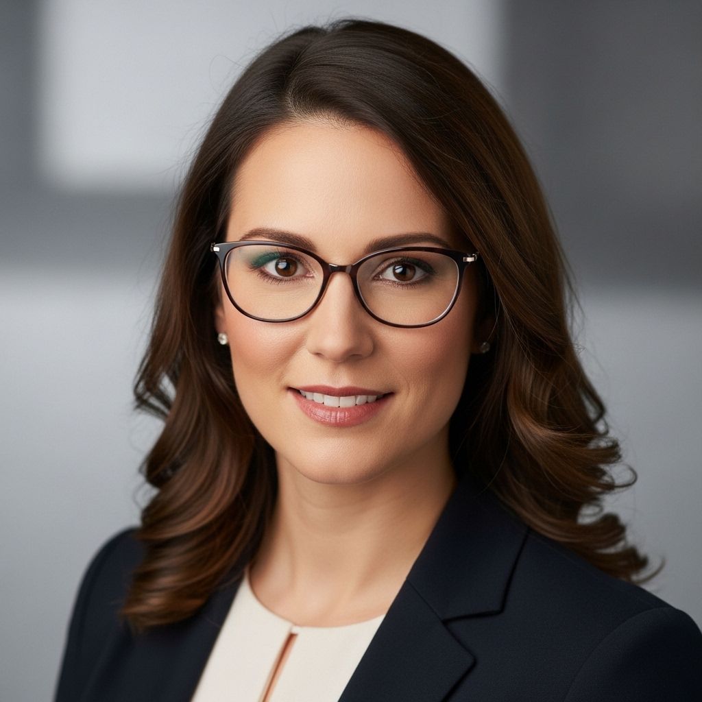 Женщина с каштановыми волосами, очками, профессиональный деловой портрет на нейтральном фоне